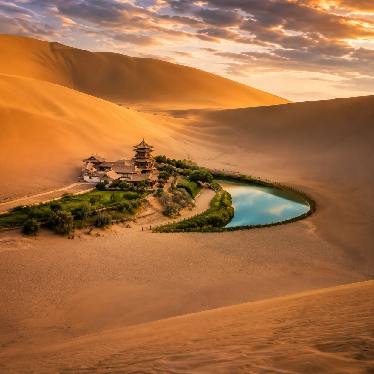 Crescent Lake oasis surrounded by the Singing Sand Dunes in Dunhuang