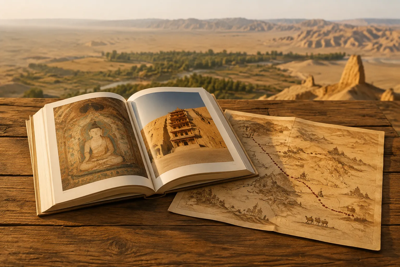 Traveler reading a guidebook beside the Singing Sand Dunes in Dunhuang