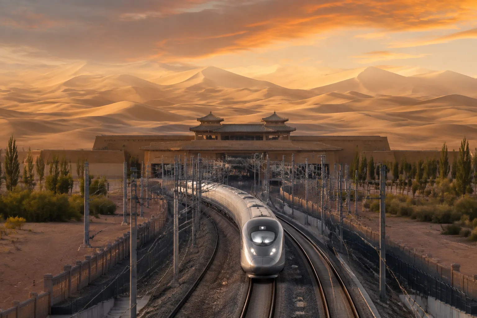 High-speed train across the Gobi Desert between Dunhuang and Jiuquan