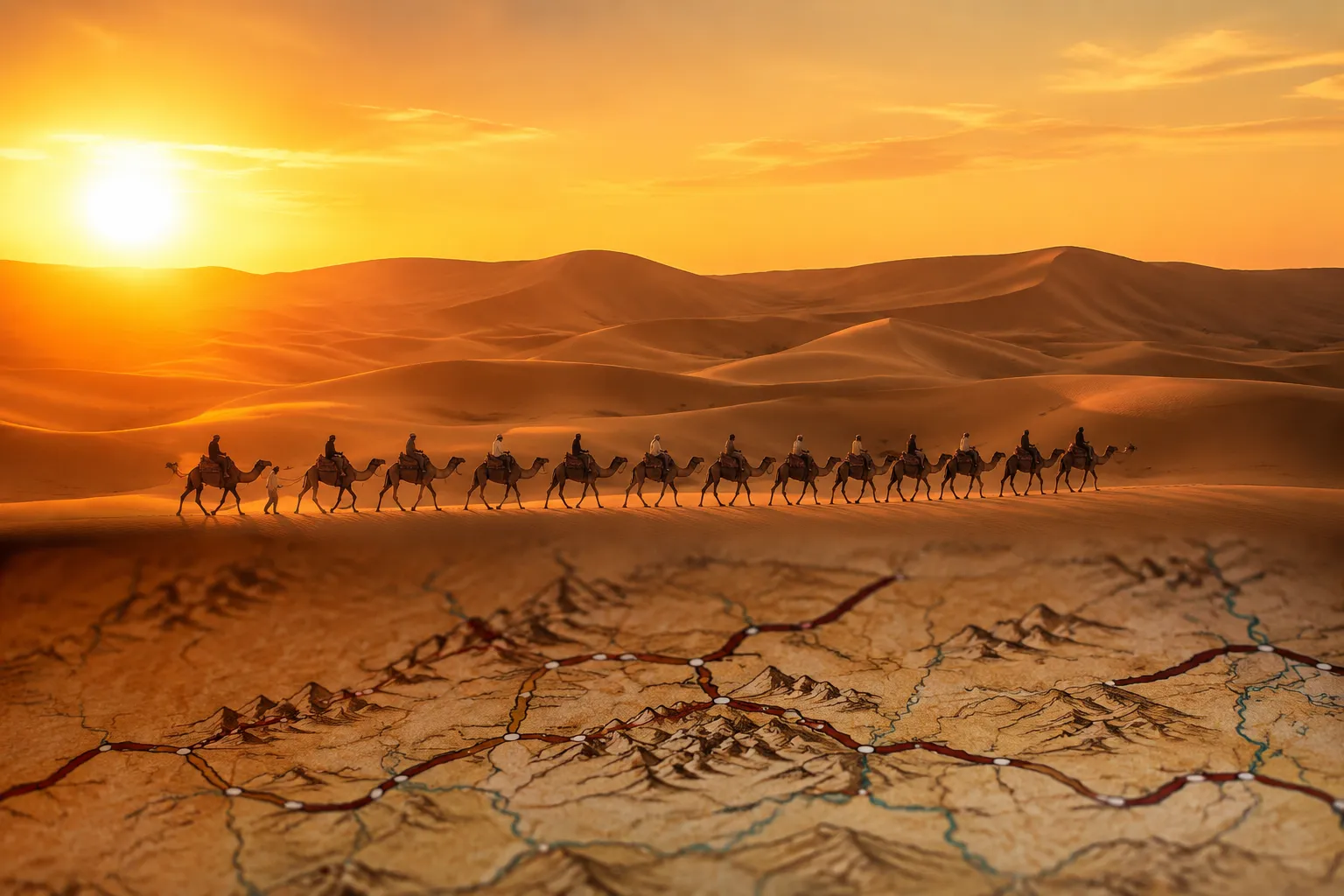 Camel caravan crossing the desert between Dunhuang's attractions