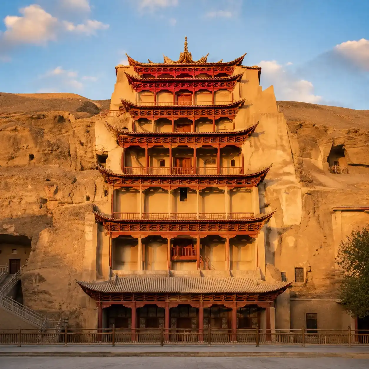 Mogao Caves cliff with stacked cave entrances at the Dunhuang UNESCO site