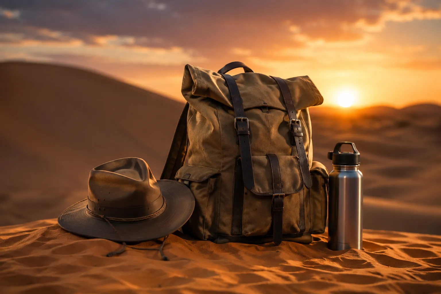 Open backpack with Gobi Desert travel essentials