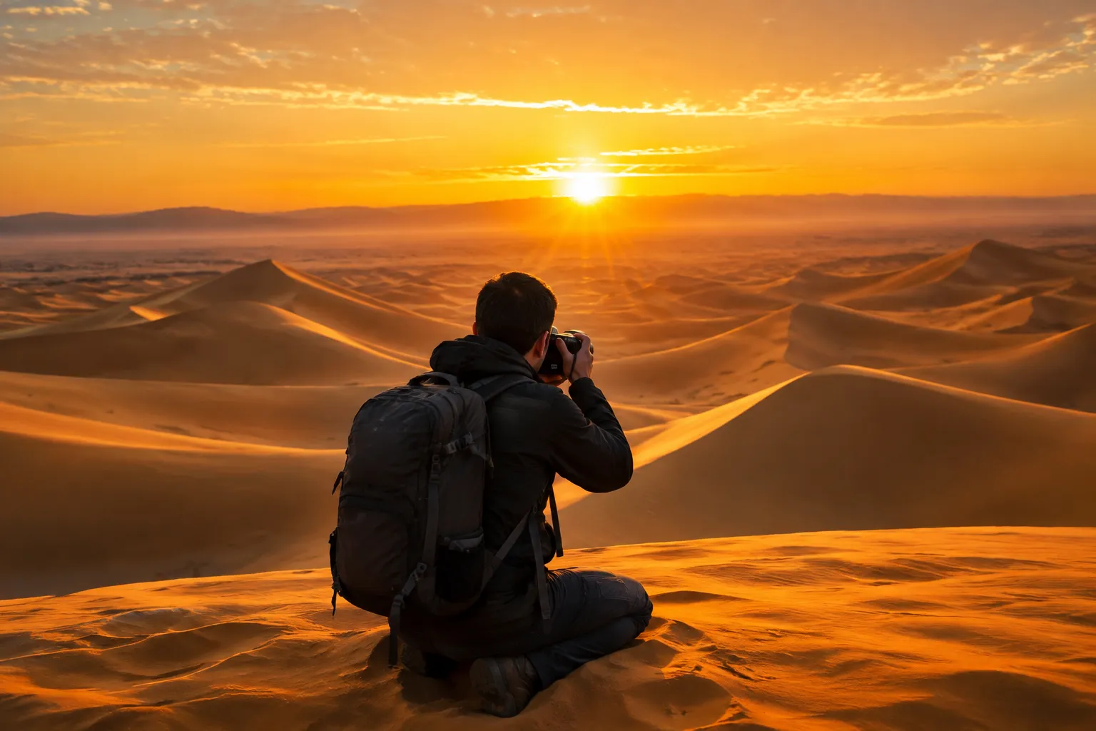 Photographer capturing the Gobi Desert sunset with the dunes and mountains in the background