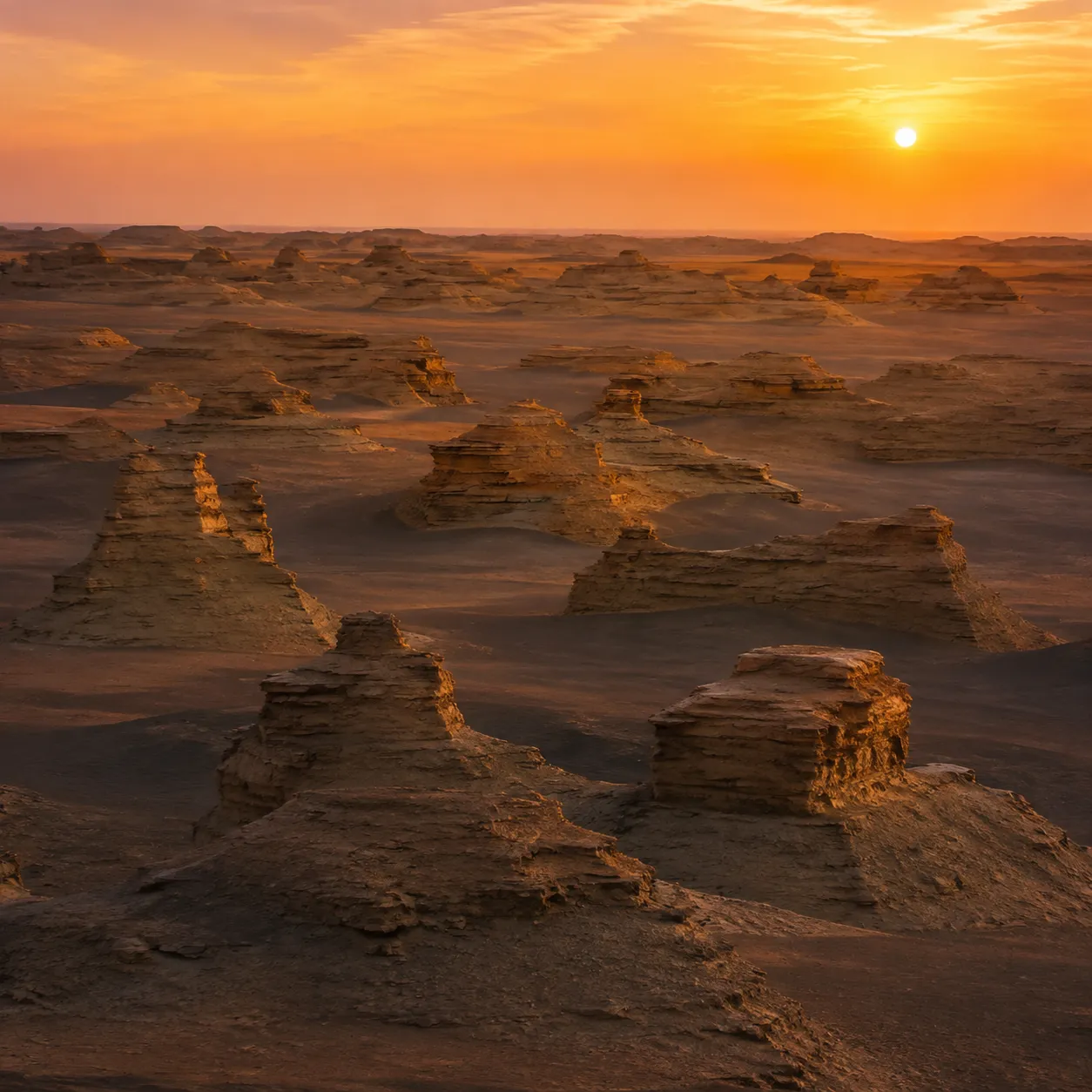 Wind-carved yardang rock formations of Yadan Geopark at sunset